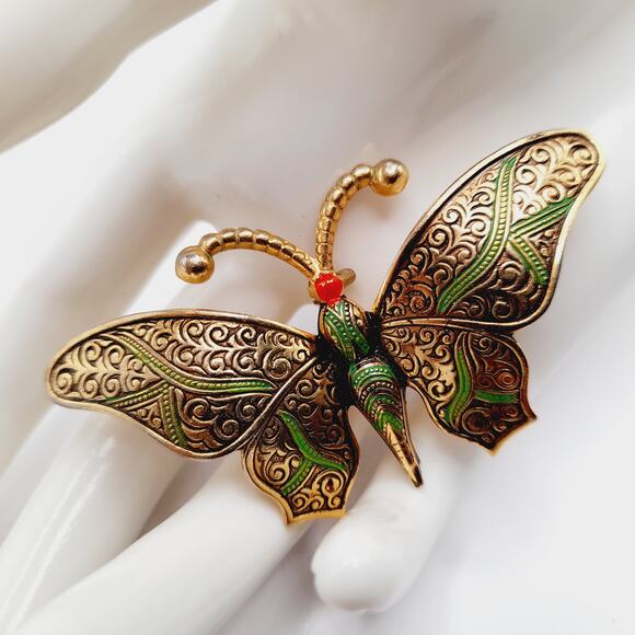 Vintage Damascene Butterfly Brooch, Gold Tone Green Black Red Enamel – 2 ¾” - Picture 1 of 9